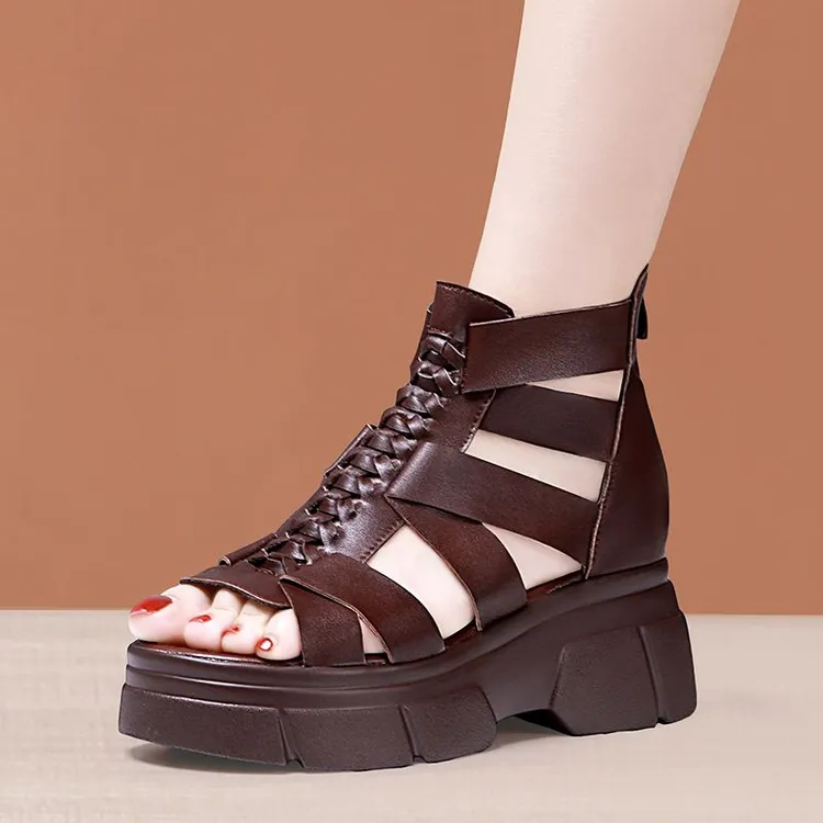 真皮复古新款厚底镂空百搭时尚外穿高跟鞋百搭小众鞋子罗马