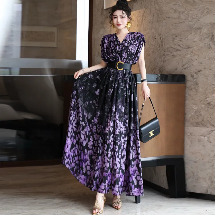 浪漫渐变印花宽松蝙蝠短袖收腰大摆女神度假长裙优雅显瘦连衣裙夏