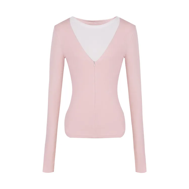 气质V领百搭休闲假两件T恤早秋新款设计感显瘦内搭打底上衣L3881