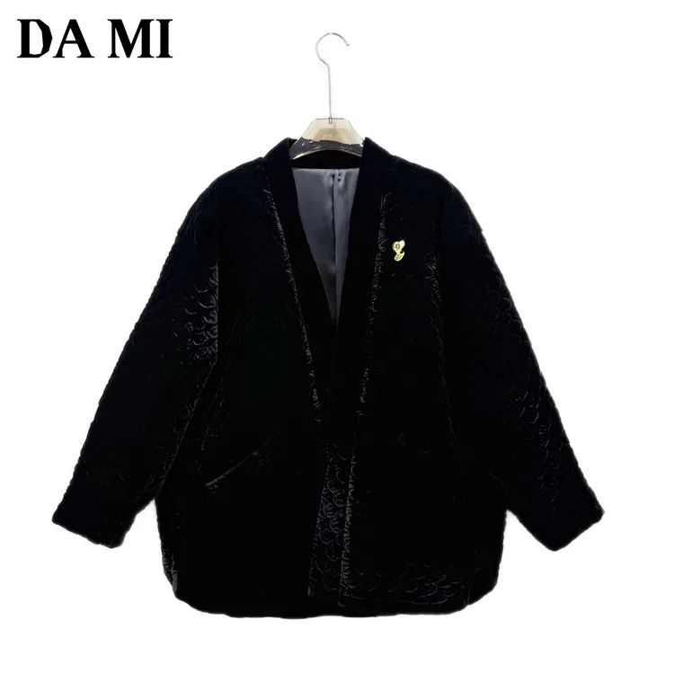 【大蜜】3005#秋季长袖V领胸前心锁锦鲤纹暗扣宽松显瘦丝绒女装外套