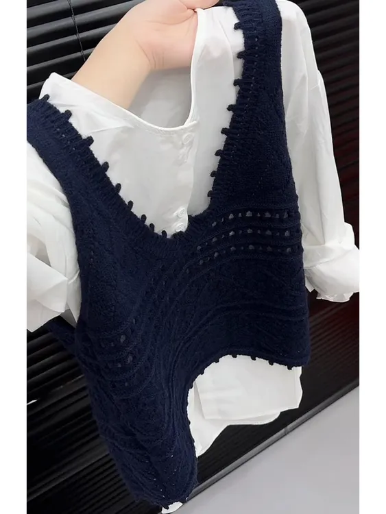 【现货】欧货针织马甲上衣两件套女2025年秋装新款圆领白色衬衫吊带