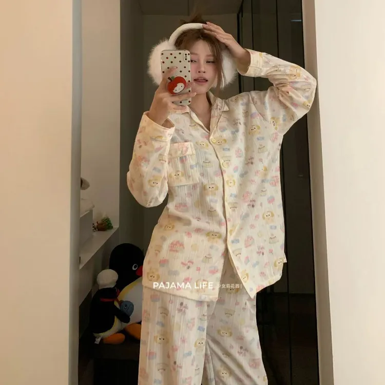 可爱厨师饼饼睡衣女春秋季针织棉提花纯棉长裤卡通甜美家居服套装