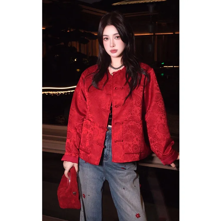 G. yantong/郭彦彤新中式国风真丝羊毛外套提花红色加厚WT1126