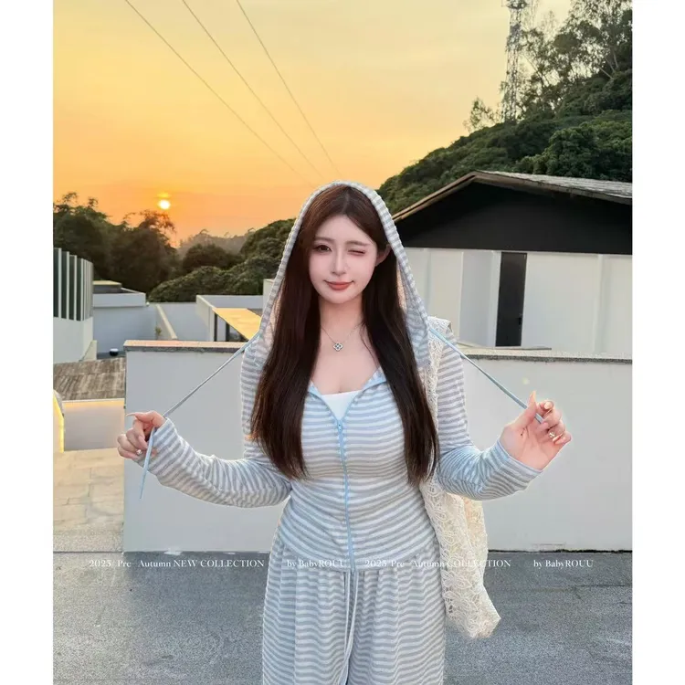 【现货】【遛弯套装】温与柔舒适柔软垂坠感气质毛巾感条纹外套长裤