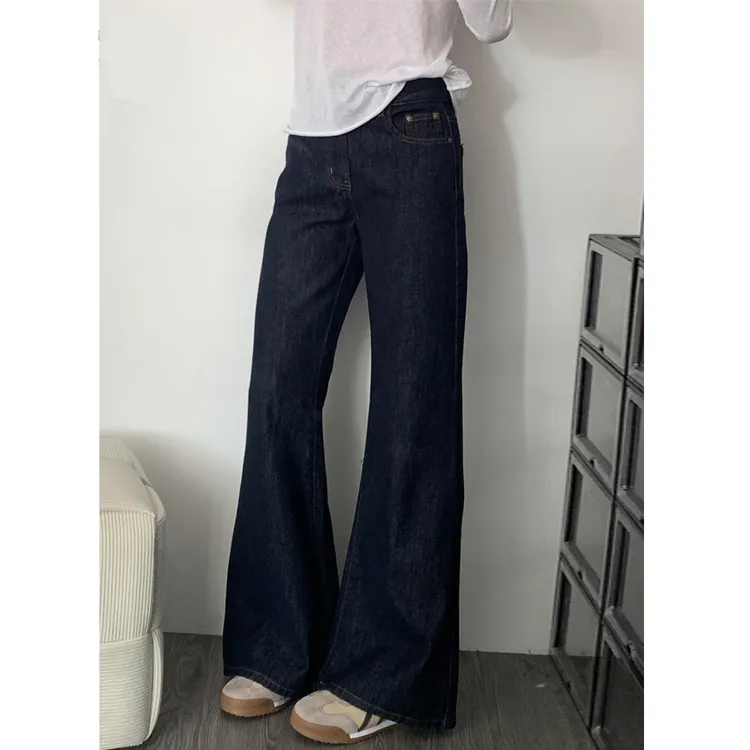 丹宁蓝高腰微喇直筒牛仔裤女不贴腿胖mm梨形身材遮胯显瘦马蹄裤子