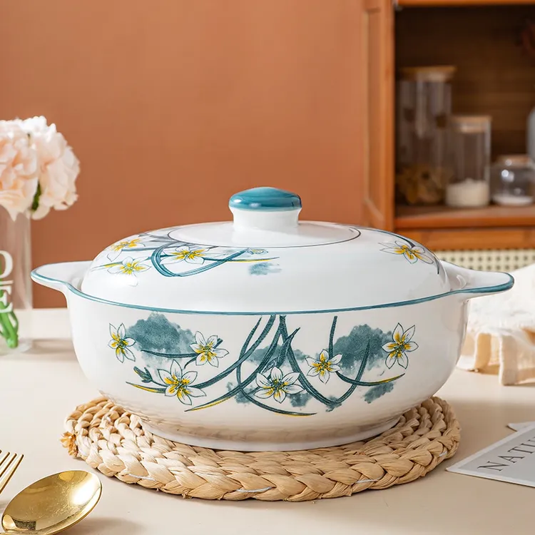 10.5英寸水仙花双耳加盖陶瓷大汤碗高温釉下彩(不可明火)