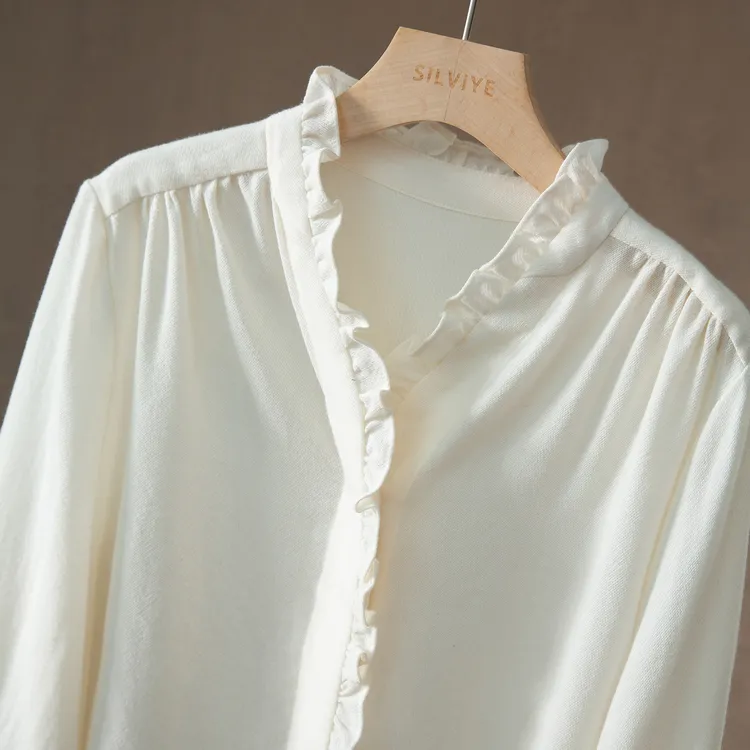 SILVIYE100%羊毛宫廷风荷叶边法式针织上衣女早春薄款衬衫CS52024