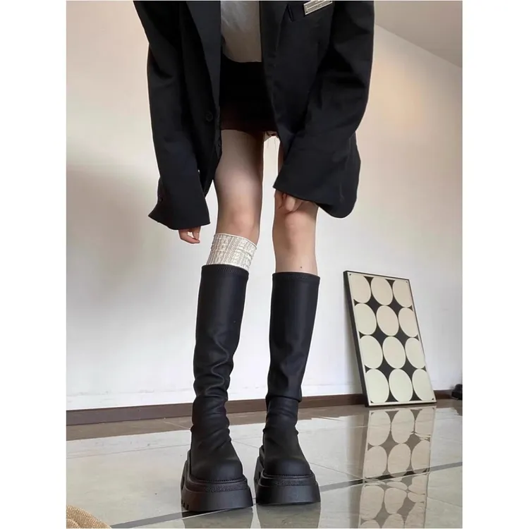 厚底长筒靴女2025新款网红不过膝高筒骑士靴小个子堆堆靴马丁靴子