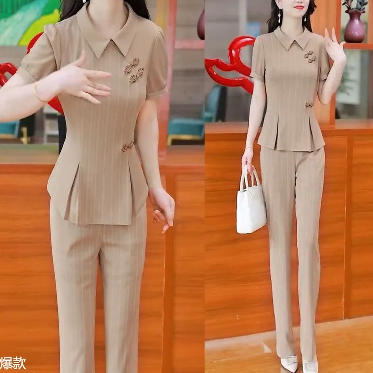 条纹短袖上衣喇叭裤休闲两件套2025夏季新款气质显瘦国风盘扣套装