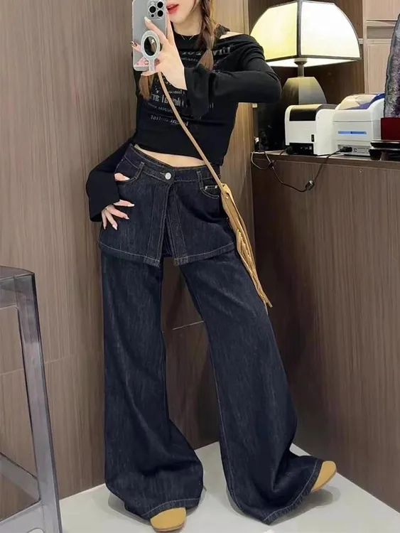 假两件拼接屁帘牛仔裤女春秋款设计感慵懒松弛感高腰微喇阔腿裤子
