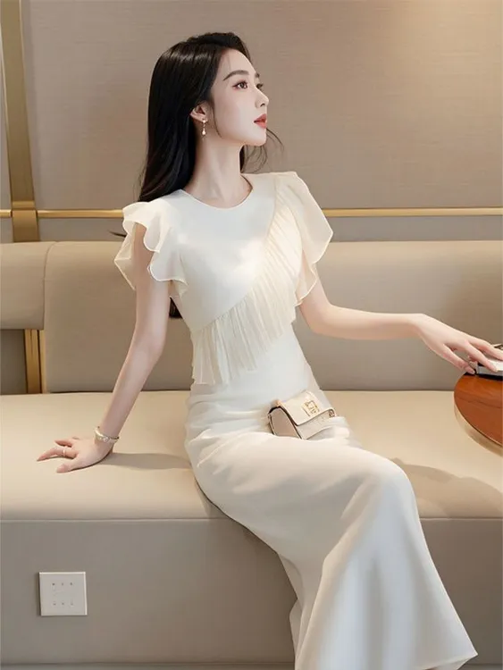 法式独特绝美小个子白色雪纺连衣裙夏季小众不撞款超好看长裙子女