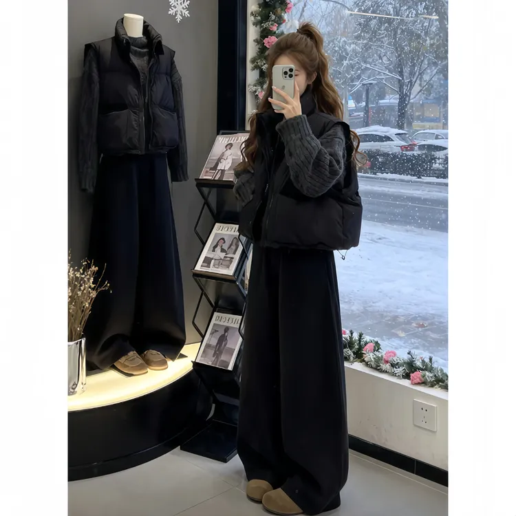 SHALLDOER【墨尔本午夜】时尚叠穿套装女宽松慵懒风上衣马甲+阔腿裤