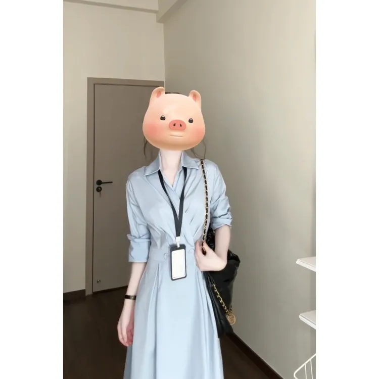 法式蓝色长袖衬衫连衣裙女2024春夏新款高级感气质收腰显瘦长裙子