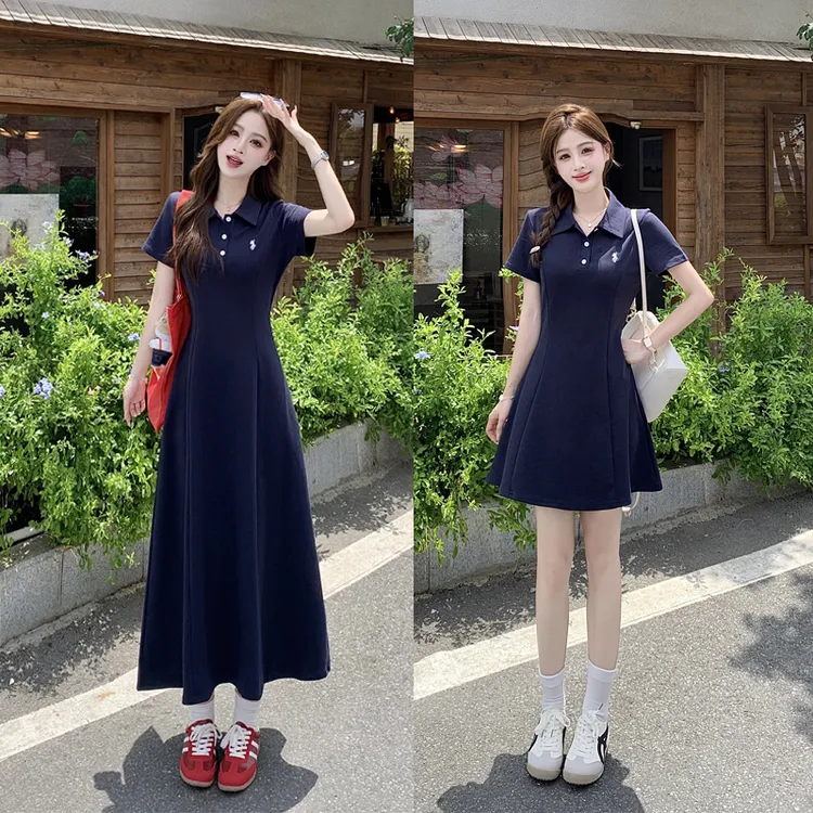 大码女装显瘦遮肉收腰POLO领短袖中长款连衣裙6082裙子胖mm显瘦款