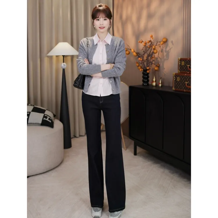 LMENY”条纹微喇裤“小个子/常规笔挺高瘦微喇毛边牛仔裤25CK012