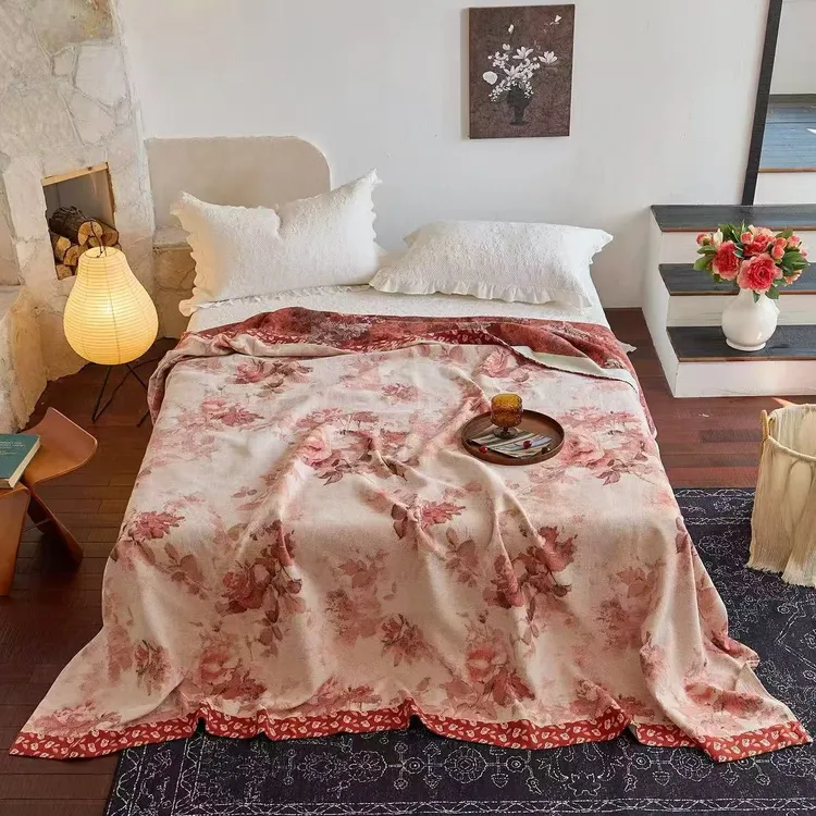 【油画玫瑰】230*250高端天麻轻奢重工提花四季多功能双人双面床盖