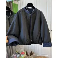 D02856流行牛仔拼接纯色宽松圆领棉服女宽松外套拉链慵懒2025秋装