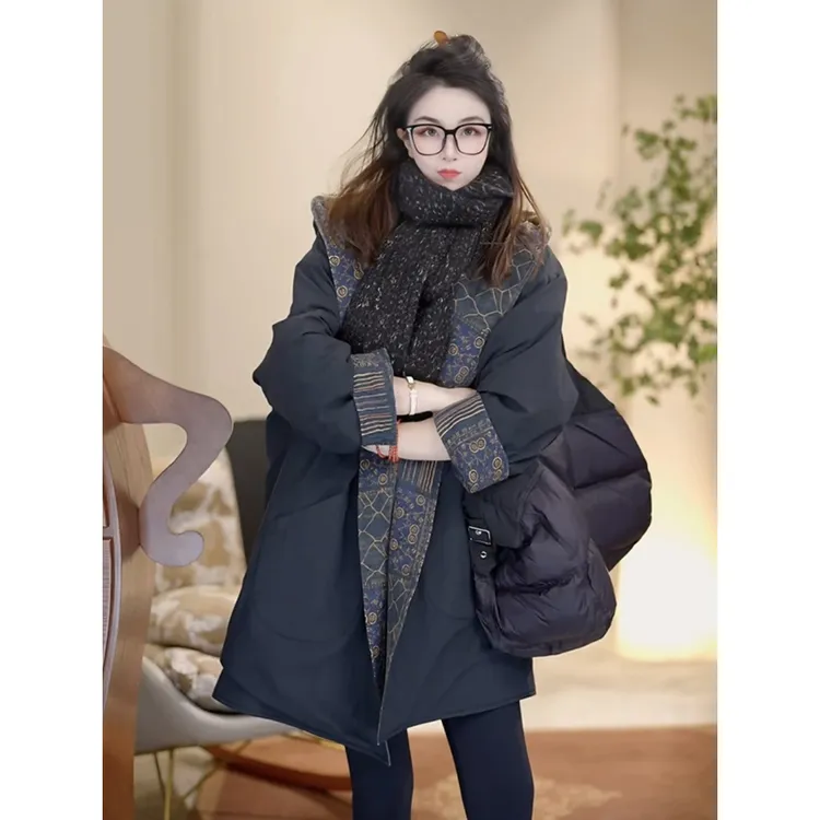 【双面穿】高端复古连帽中长棉服外套女2025冬新款爆款宽松显瘦棉衣