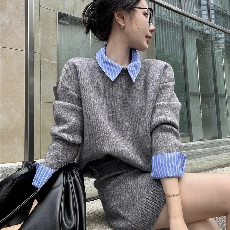 假两件衬衫领毛衣女秋装新款内搭慵懒风撞色翻领灰色针织衫上衣
