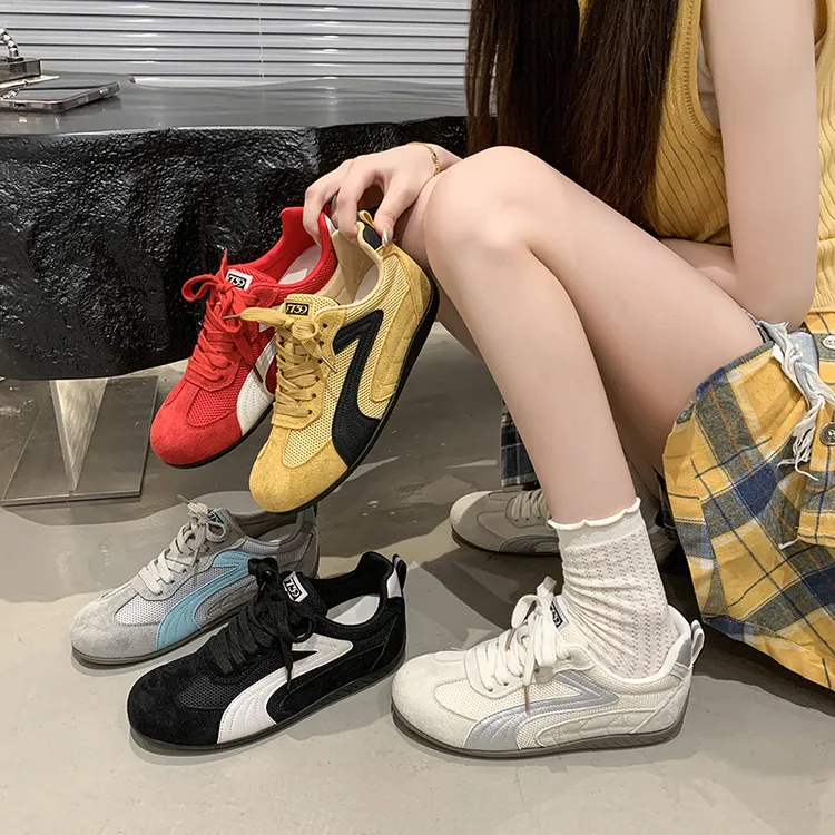 网面透气德训鞋小白鞋女2025新款复古休闲系带运动鞋百搭平底板鞋