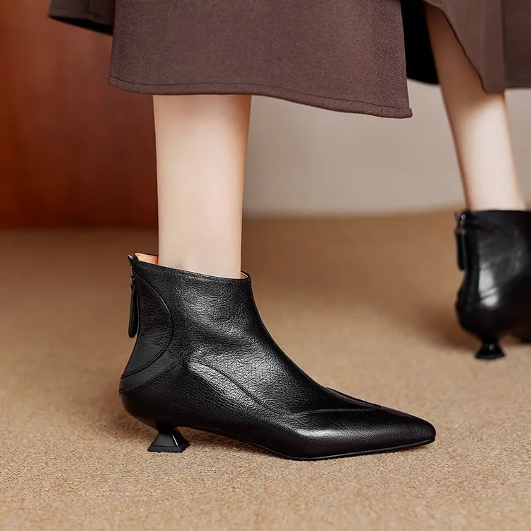 法式尖头细跟瘦瘦短靴女2025秋冬新款后拉链低跟加绒显瘦及踝棉靴