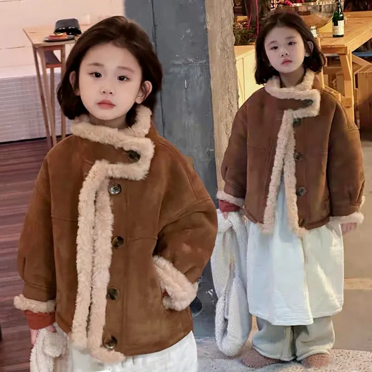 女童加绒外套2025秋冬款新款男童棉服儿童鹿皮绒皮毛一体保暖上衣