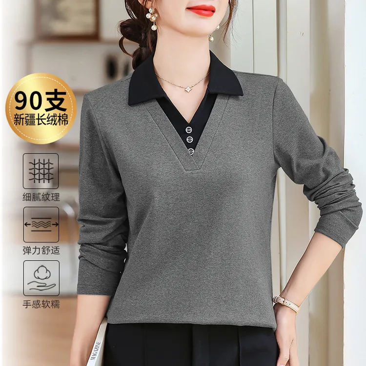 90支新疆精梳棉假两件翻领长袖t恤女2025新款秋季洋气上衣打底衫