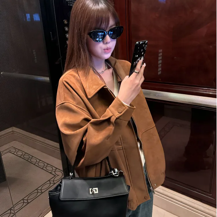 美拉德复古麂皮绒长袖外套女2025秋冬新款宽松翻领休闲服机车夹克