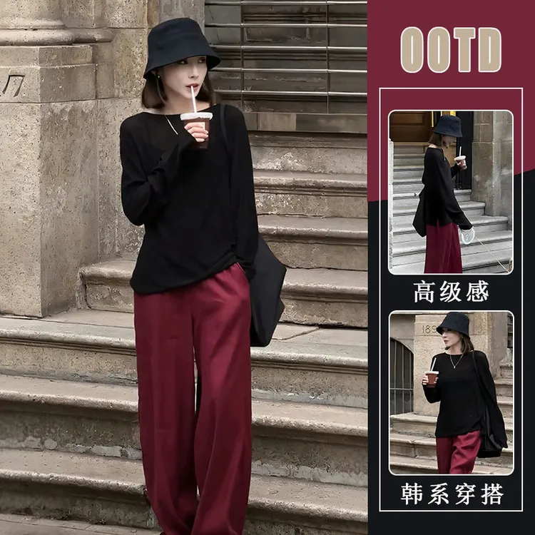 今年流行漂亮2025夏季高级感洋气又a又飒黑色上衣红色阔腿裤套装