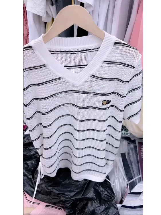 韩版宽松显瘦V领条纹短袖T恤抽绳减龄百搭针织衫女夏季上衣小衫潮