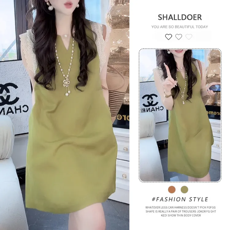 蕾丝拼接中长款连衣裙女生2025年夏季新款时尚百搭设计感显瘦裙子