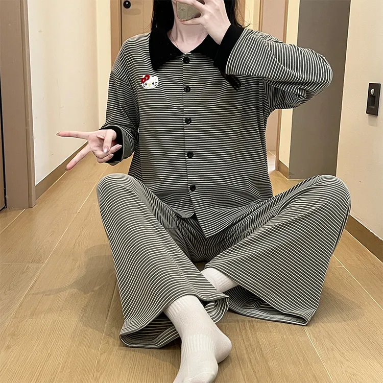 Meng luan/梦鸾娃娃领卡通小猫秋冬睡衣女德绒条纹长袖家居服套装