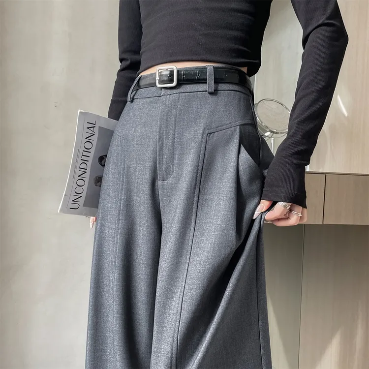 灰色阔腿西装裤女2025秋季高腰显瘦宽松休闲窄版直筒垂感拖地裤子