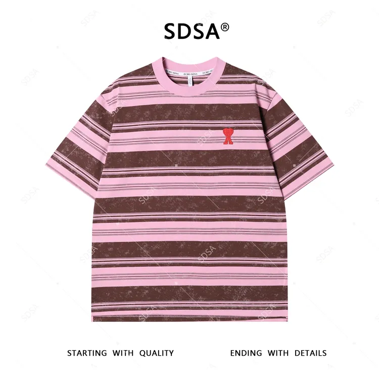 夏季高级感新款男士撞色条纹刺绣爱心字母设计短袖T恤百搭上衣潮