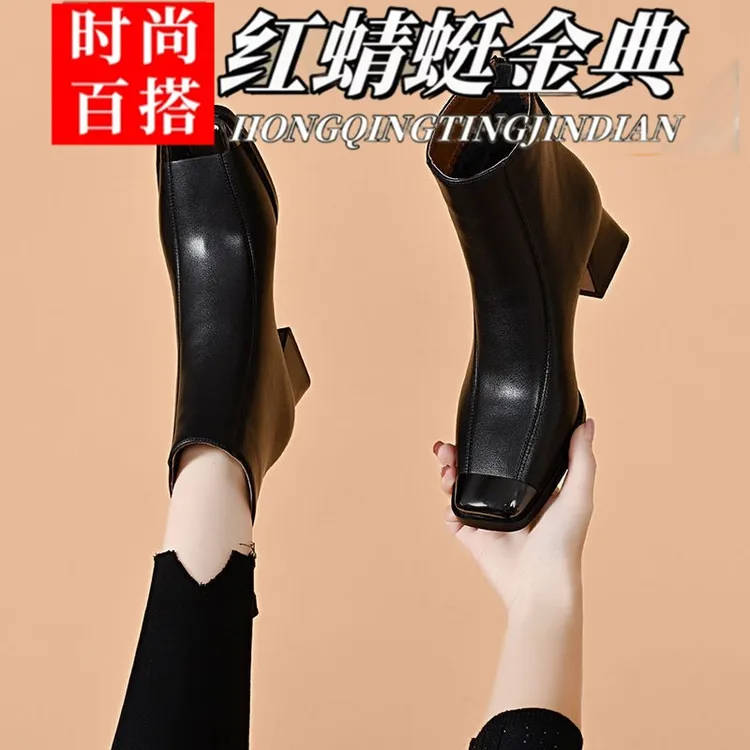 红蜻蜓金典真皮女靴牛皮瘦瘦靴不勒脚百搭冬季高跟方头马丁靴中跟