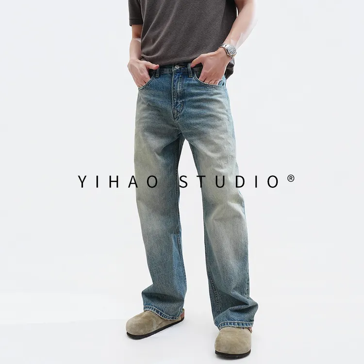 YIHAO STUDIO秋季男士蓝色直筒牛仔裤休闲复古宽松水洗潮流长裤