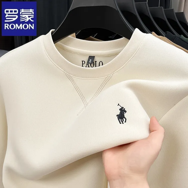 罗蒙纯色百搭马标刺绣圆领卫衣男春秋季时尚中青年潮流打底体恤衫