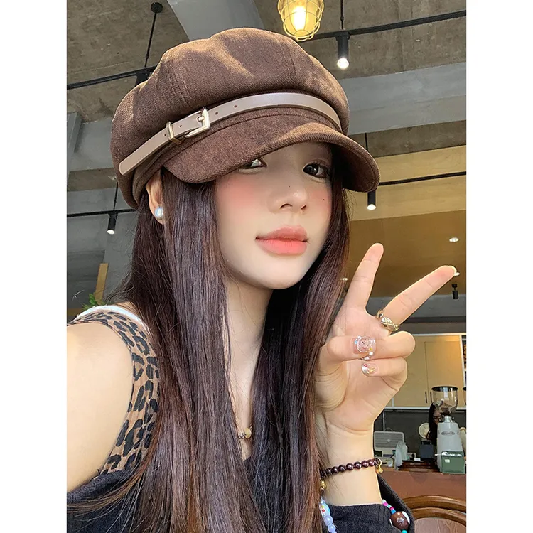 韩版气质皮扣贝雷帽女英伦风复古文艺大头围显脸小八角画家帽子潮