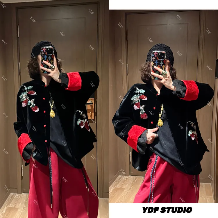  YDFSTUDIO小众【皇家剧院】欧货高品重工亮片拼接设计时尚丝绒外套