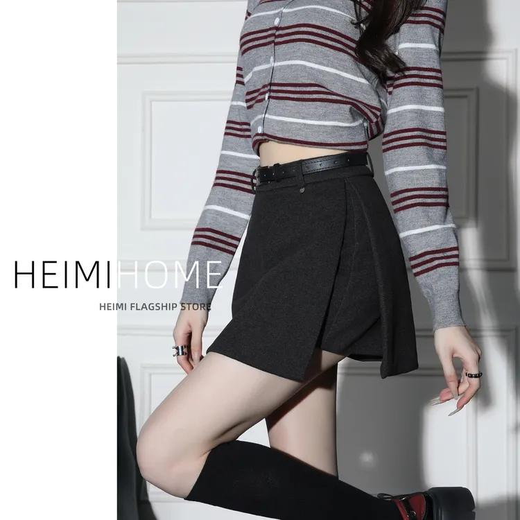 灰色毛呢半身裙女秋冬季高腰设计感侧开叉包臀短裙小个子a字裙裤