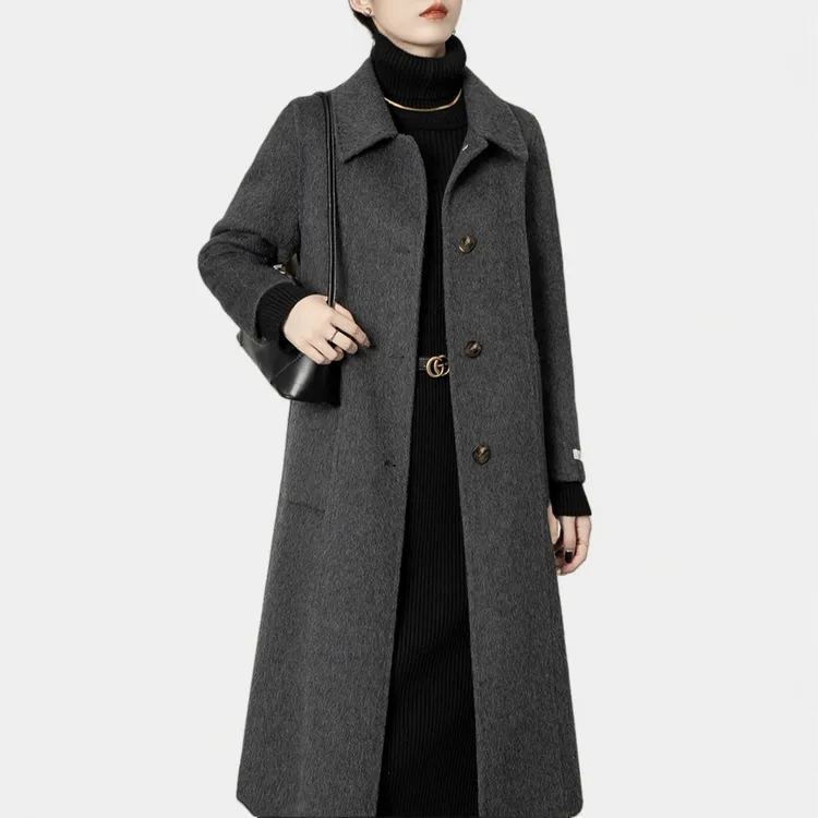 灰色高级感气质双面毛呢大衣女秋冬新款老钱风加厚中长款毛呢外套