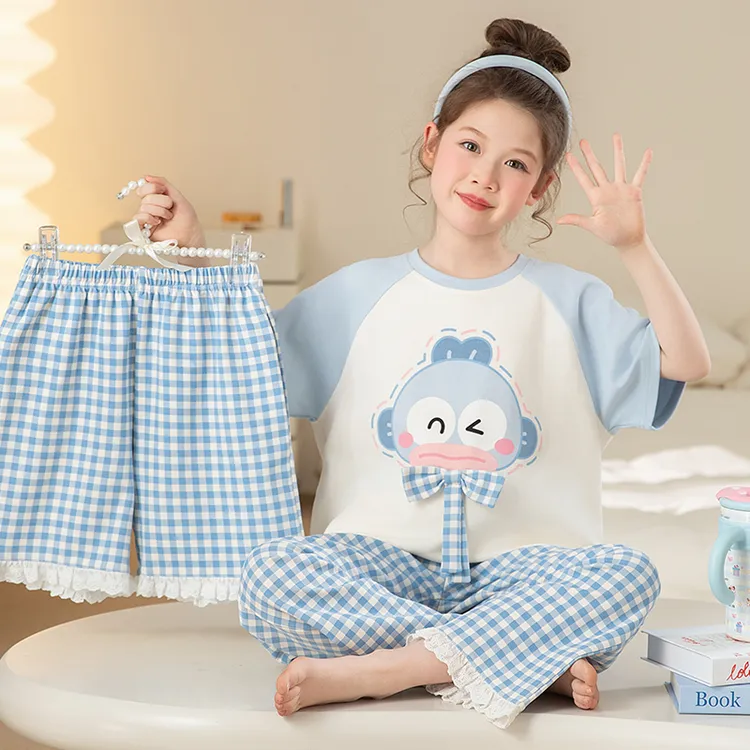 儿童夏季新款女童睡衣短袖短裤纯棉薄款套装小女孩洋气亲子家居服
