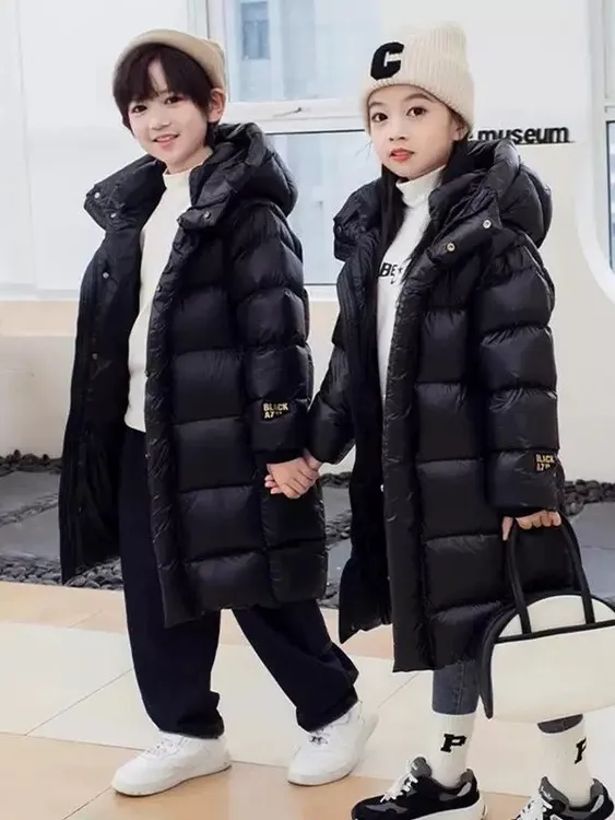 2025新款黑金加厚连帽儿童羽绒服冬季过膝男女童小火山白鸭绒韩版