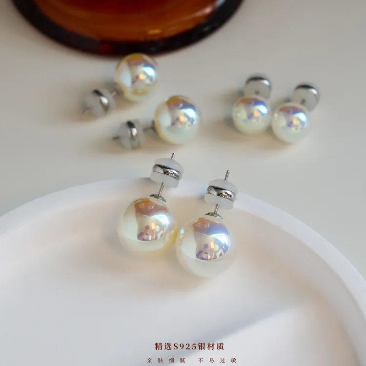 丽沁 925银耳饰 炫彩极光小灯泡白透樱花粉银耳钉法式气质轻奢