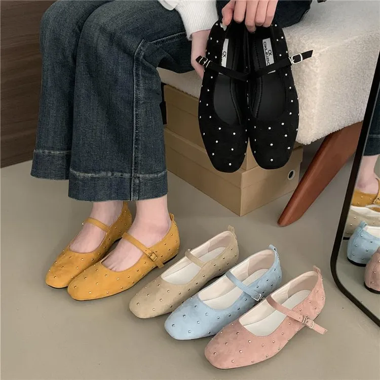 内增高3CM玛丽珍鞋法式复古柳钉单鞋配裙子温柔晚晚鞋浅口奶奶鞋