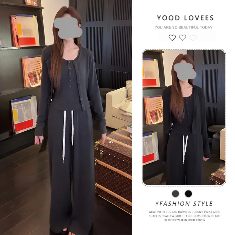 慵懒松弛感休闲时尚套装女春秋2025新款宽松开衫吊带阔腿裤三件套