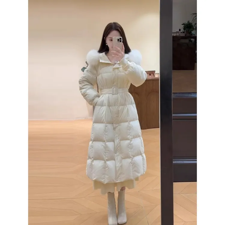 高级感大毛领连帽长款棉服女2025冬季新款收腰过膝加厚保暖外套