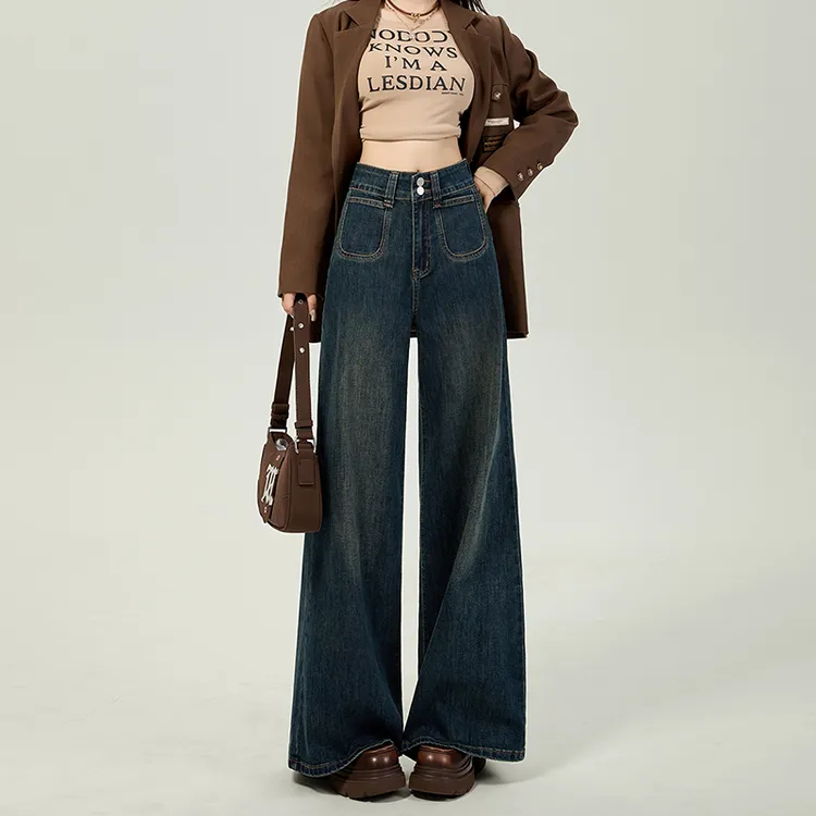 复古蓝宽松大阔腿牛仔裤女2025秋季新款高腰显瘦垂感拖地喇叭裤子