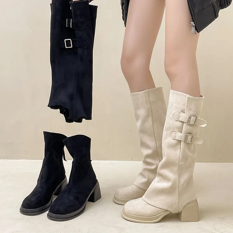 欧美复古风粗跟两穿骑士靴女2025秋冬新款小个子增高时装靴长筒靴