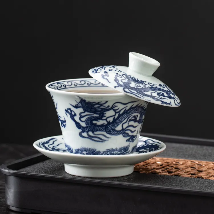 国潮主人杯羊脂玉瓷三才盖碗可以悬停挂盖可旋转中式茶具茶具配件